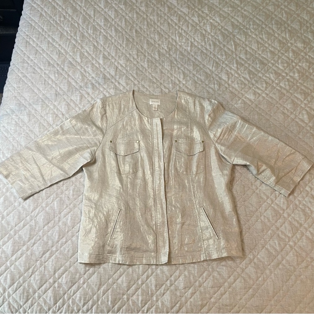Chico’s Linen Metallic Gold Zip Up Front Jacket Size 3 / XL / 16 - Picture 12 of 16